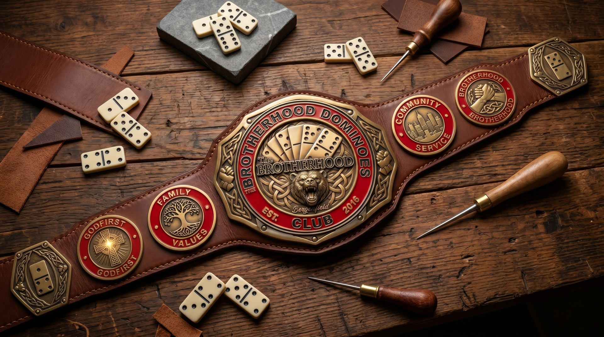 The commissioned BDC championship belt on the workshop table